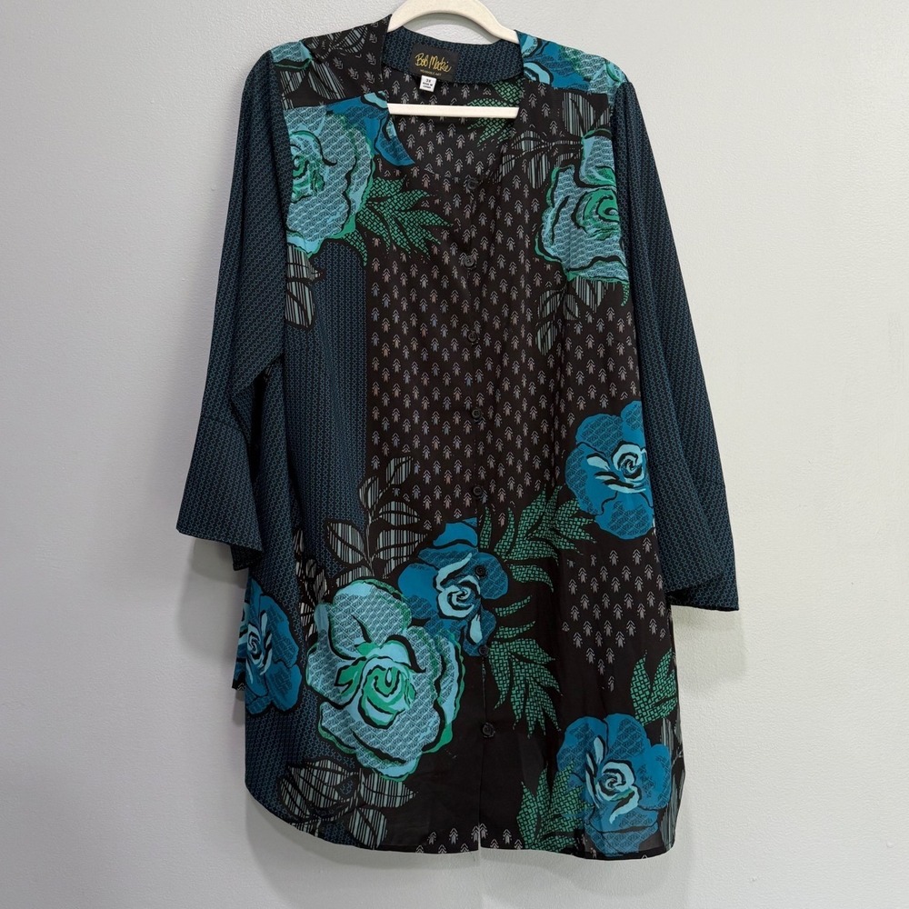 Bob Mackie Wearable Art Mixed Floral Print Button Up Tunic Top Teal Black 3X